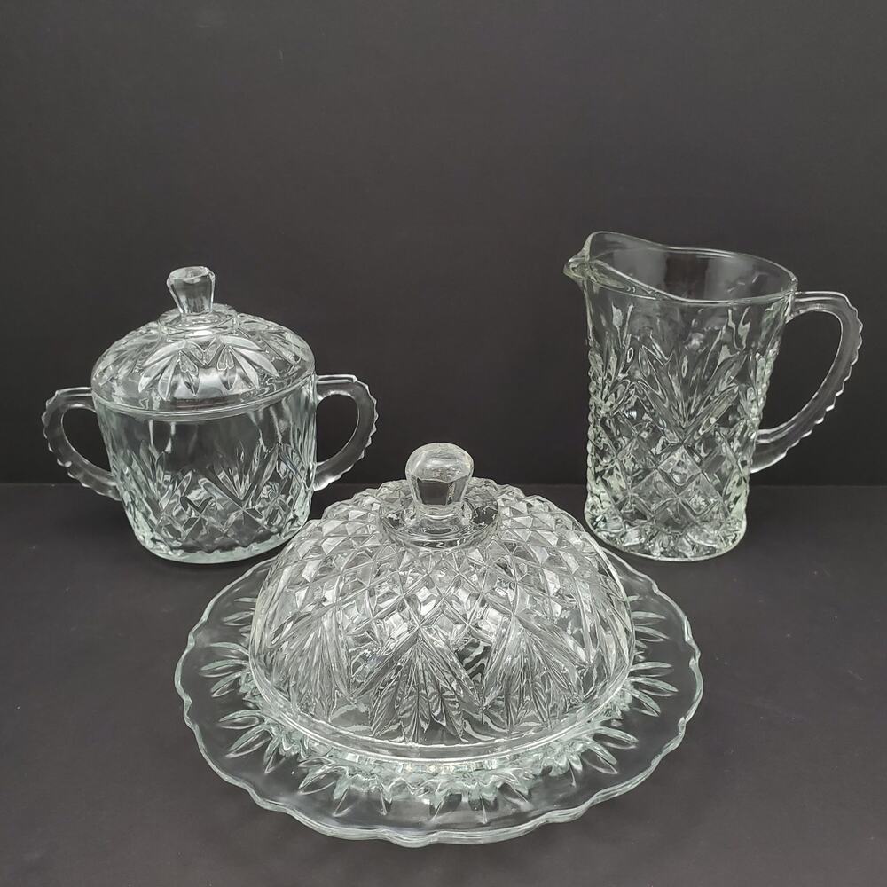 Vtg Anchor Hocking Pineapple Cut Round Butter Dish Creamer Covered Sugar Prescut